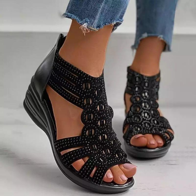 Fish mouth hollow rhinestone wedge heel sandals women's summer new high heels breathable sandals often