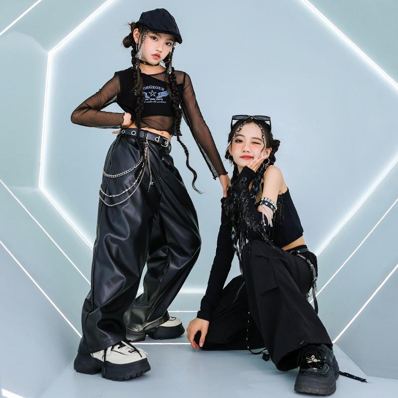 Completo da ballo jazz da ragazza: Top Corto a Maniche Lunghe in Rete con Bretelle, Costume da Esibizione Streetwear e da Passerella