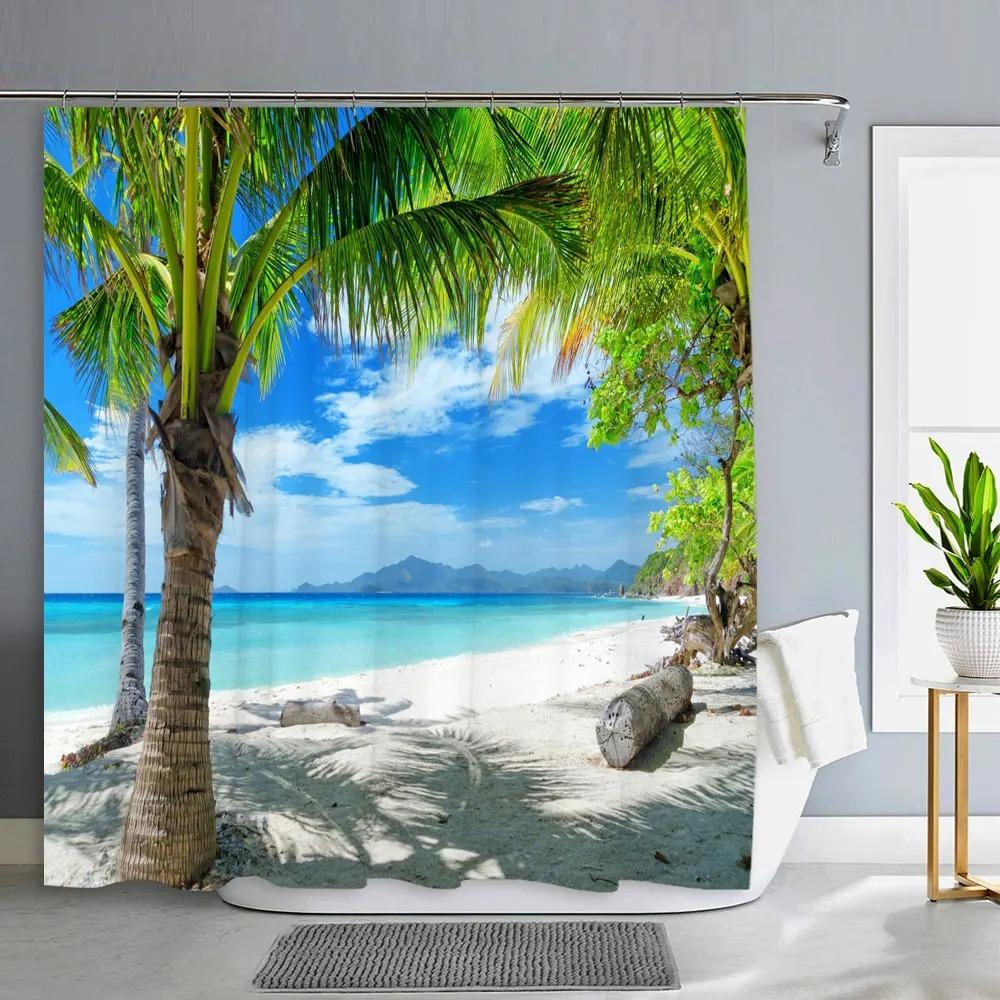 1Pc Green Tropical Plants Shower Curtains For Bathroom Polyester Seaworld Shower Curtain Printing Curtain Beach Shower Curtains