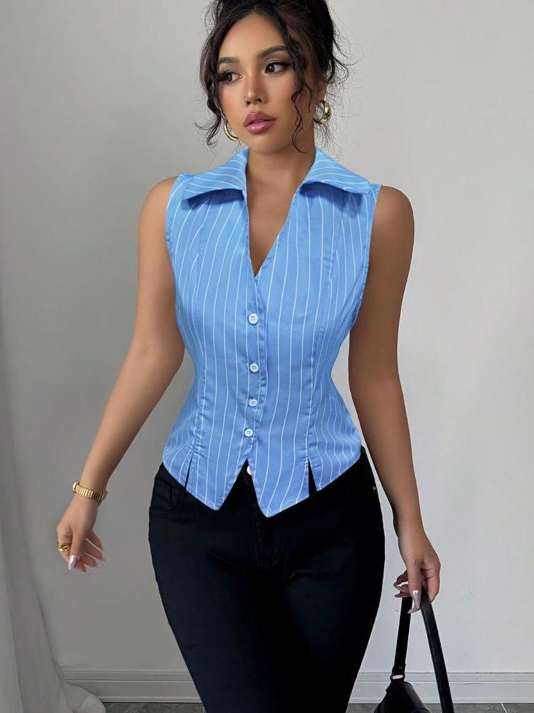 Letnia koszulka damska bez rękawów w paski - styl europejski i amerykański