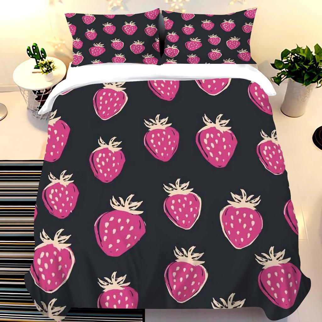 Cartoon All-Over Fruit Pattern Duvet Cover Set, HD Digital Print, Zipper Closure, 135x200cm Bedding Decor