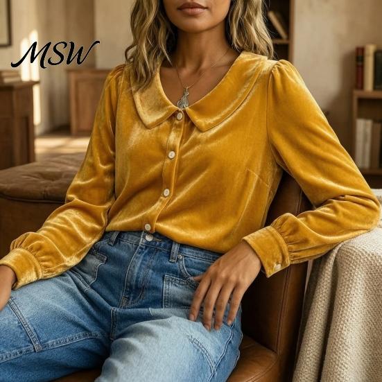 Slim Fit Top Fall Winter Women Velvet Shirt, Regular Button Down Long Sleeve Solid Color Blouse Top, Soft Lapel Collar for Lady