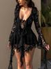 Summer Lace Ruffled Streamer Dress for Women Flare Long Sleeve V Neck Sexy Mini Dress See Through Fashion Elegant Dresses