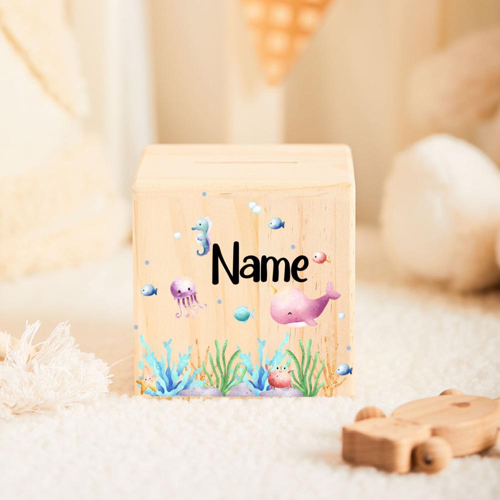 Money Box Personalized Child Wooden Money Box with Name Customized Cute Cartoon Piggy Bank Baptism Gift Baby Birth Gift