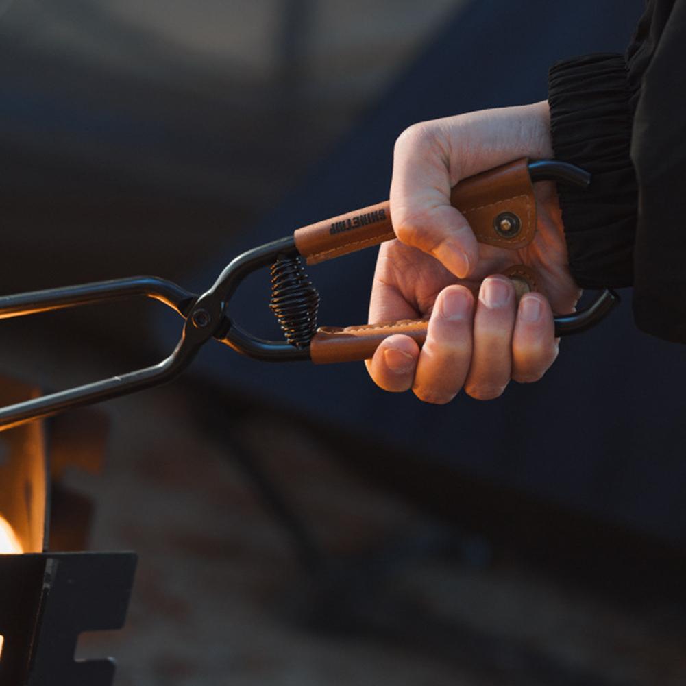 Barbecue Carbon Clips Burning Tongs with Leather Cover Carbon Steel Charcoal Clip Bonfire Firewood Clip Outdoor Camping BBQ Tool