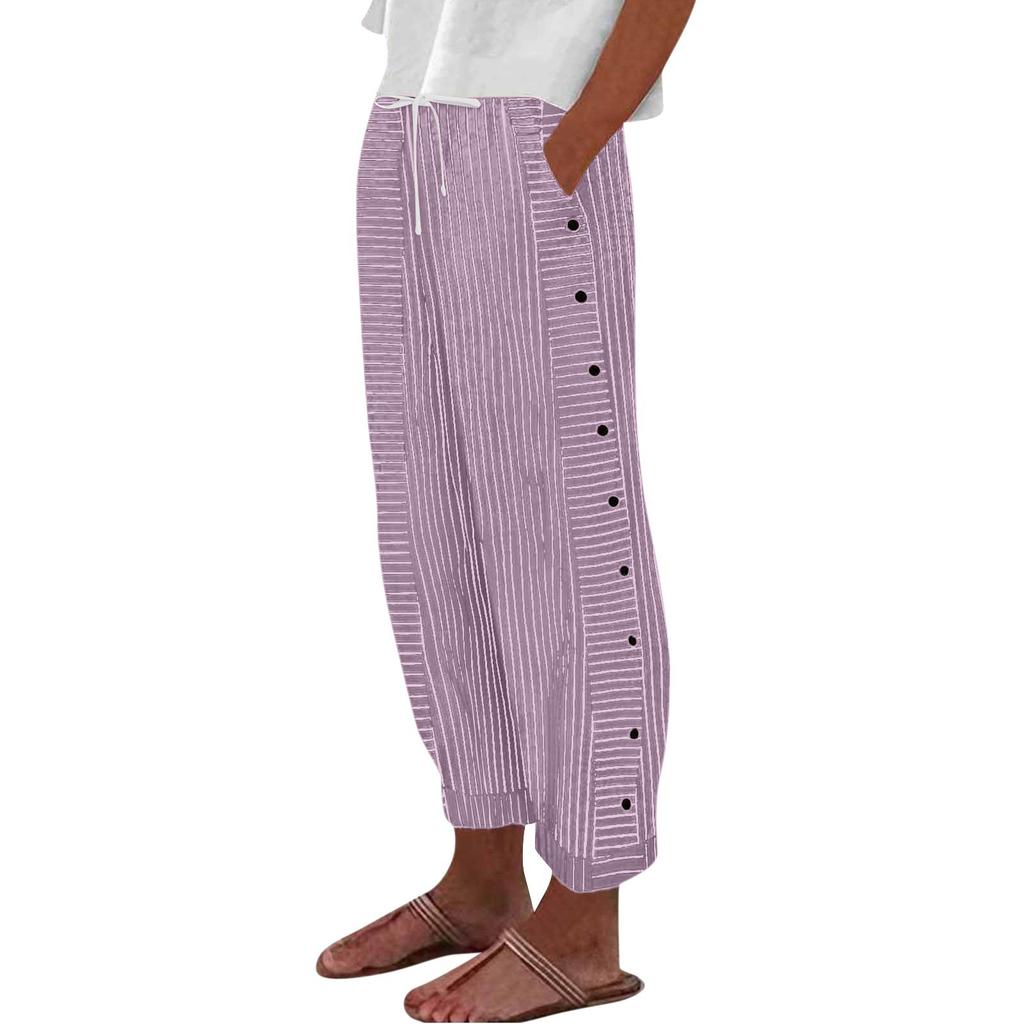 Ženy Ležérní Proužek Potisk postranní zapínání na knoflíky Trendy kalhoty Volné elastický pas Rovné nohavice Pohodlné kalhoty s kapsou