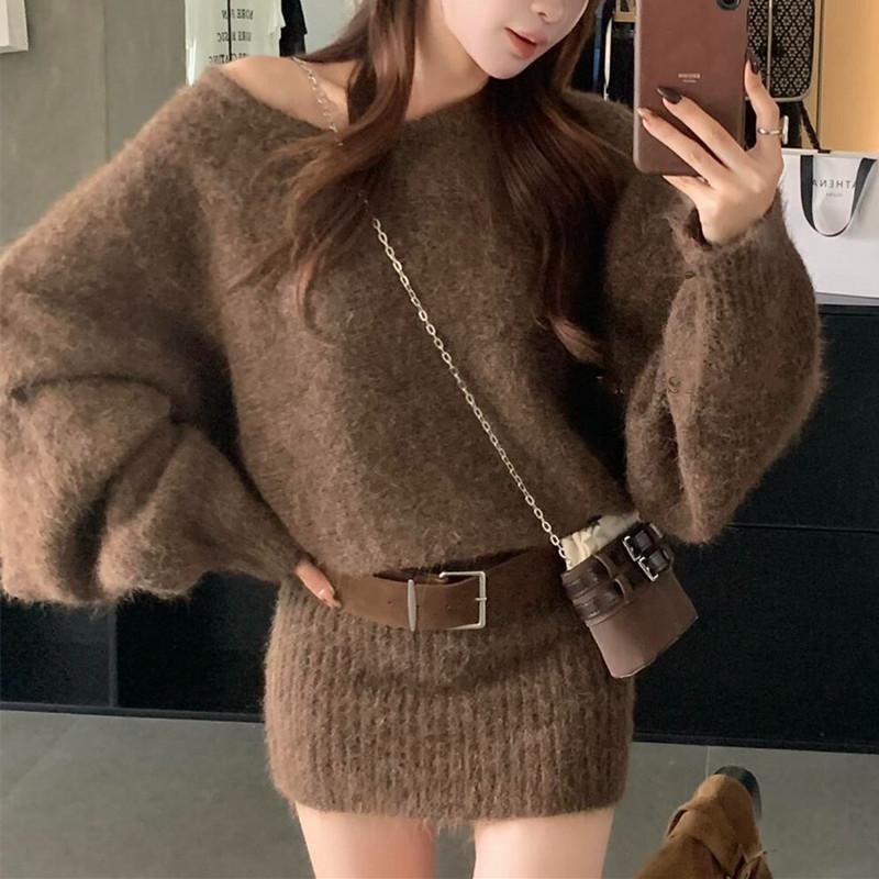 Korean Style One-Shoulder Long-Sleeve Sweater Dress with Hip-Wrapping Skirt for Autumn/Winter 2025