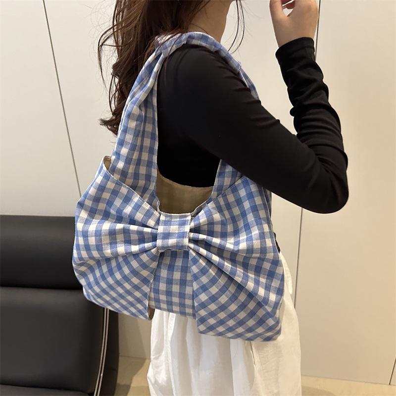 

Plaid Canvas Tote Bag with Bow - Stylish & Casual Handbag 2025 синий