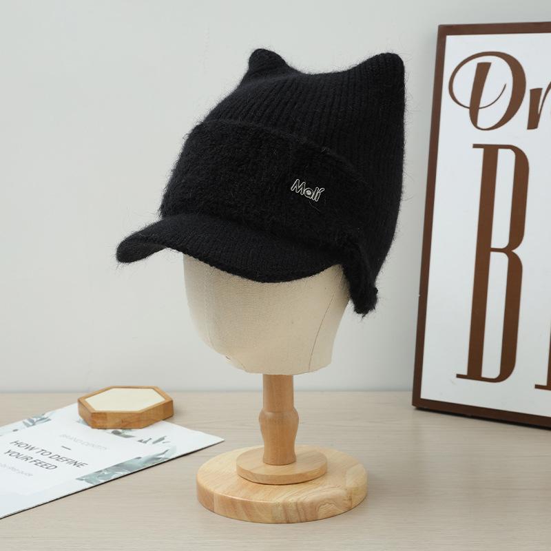 Winter Cat Ear Hat for Women with Plush Velvet Thickened Cold Proof Wool Hat Warm Ear Protection Knitted Casual Versatile Baseball Cap