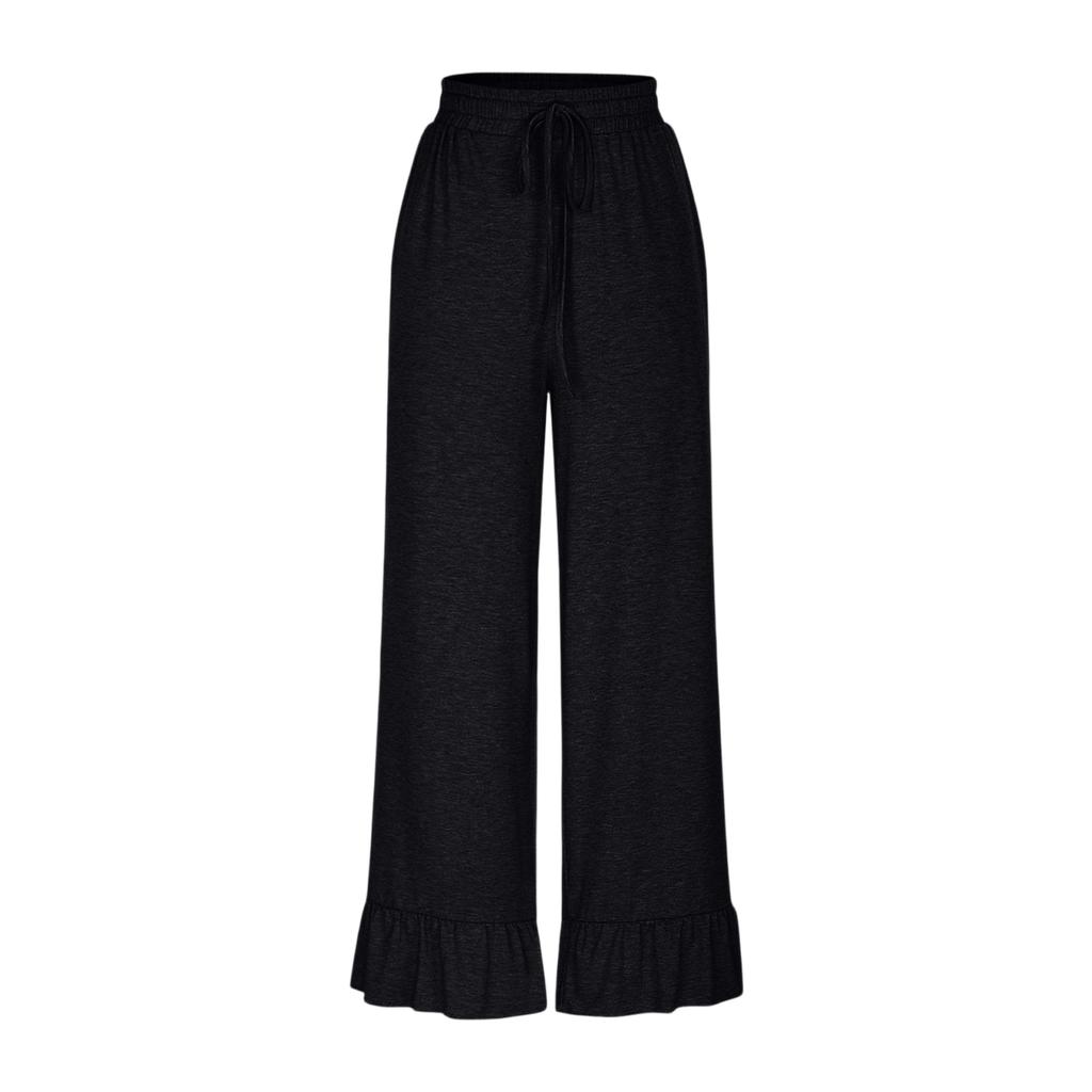 Women’s Casual Loose Fit Drawstring Elastic Waist Wide Leg Pants with Ruffle Hem and Relaxed Flowy Silhouette for Everyday Wear
