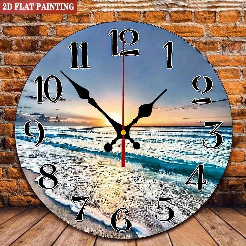 

Beach Scene Wall Clock. Coastal sunset design for living room or bedroom.