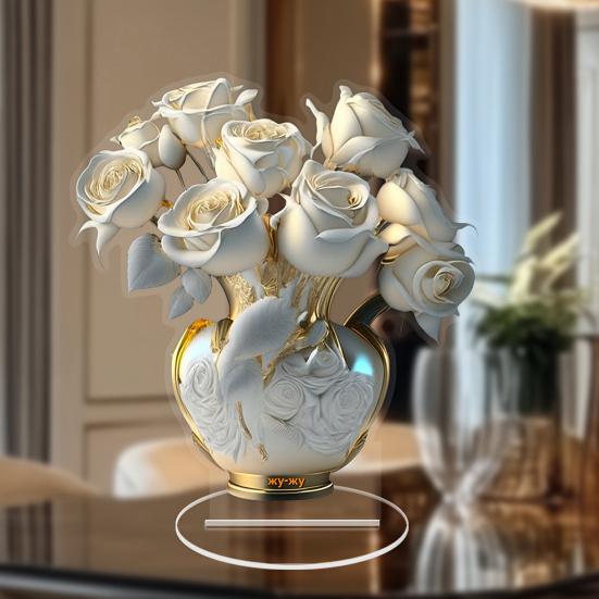 Квіткова акрилова табличка 2D Пласка троянда Настільний знак для офісу Спальні Робочого столу Кристалічний ефект Квіткова табличка-троянда для мами Дружини Бабусі