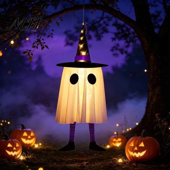 Mysterious Glow Yard Decor Halloween Hanging Ghost Decoration with Witch Hat And Leg, LED Lighted Spooky Realistic Swaying Lights Floating for Indoor