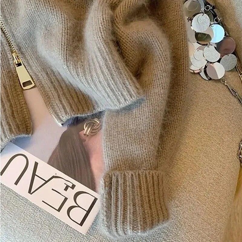 Polo Leather Collar Double Zipper Cardigan Women's Knit Short Coat  Long Sleeve Sweater Slim Retro Style Fashion Autumn Winter