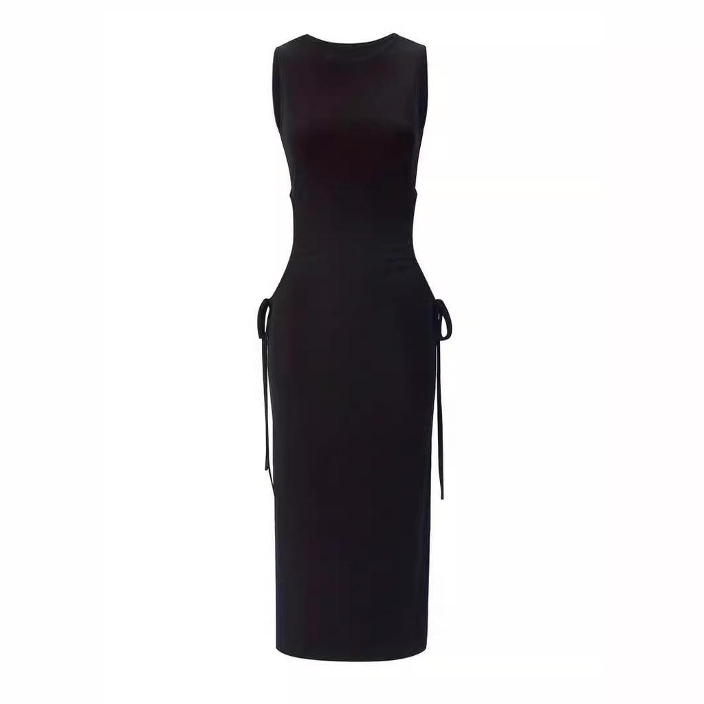 2024 Damenmode Ärmelloses Cutout Bodycon Schlitzkleid mit Kordelzug in der Taille