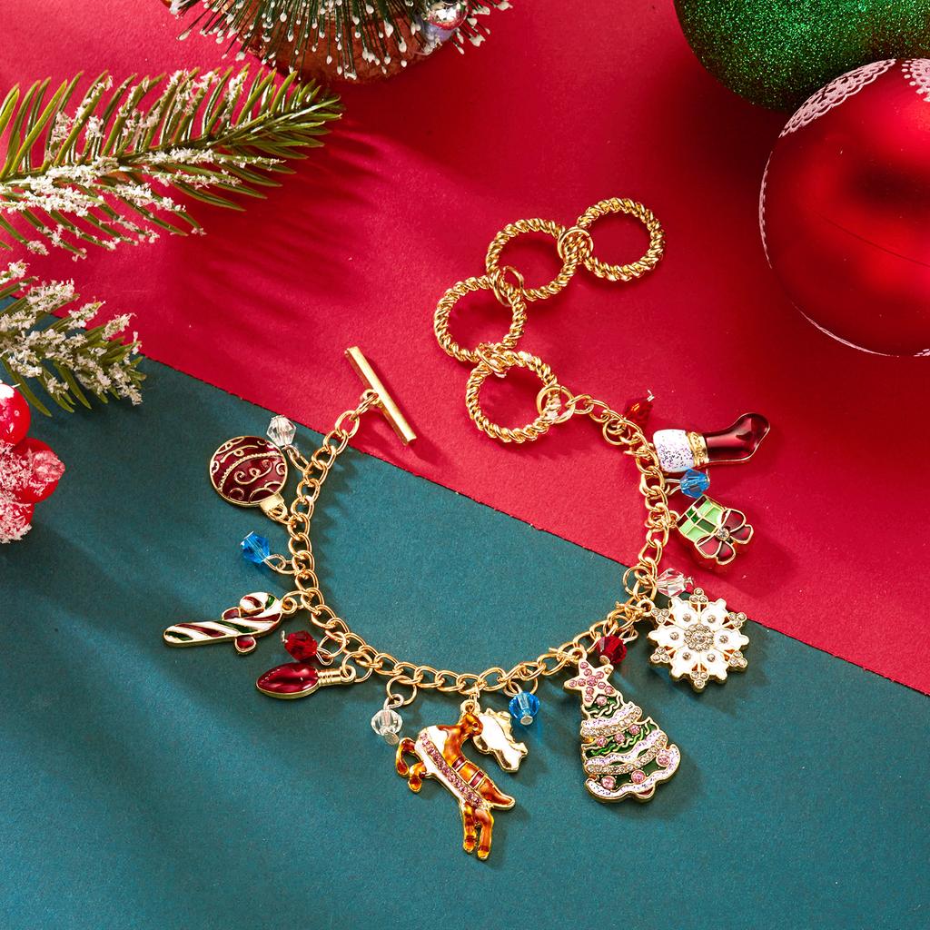 Christmas Theme Metal Crystal Resin Pendant Bracelet for Women Fashion Rhinestone Shiny Bangle Party Festival New Year Jewelry