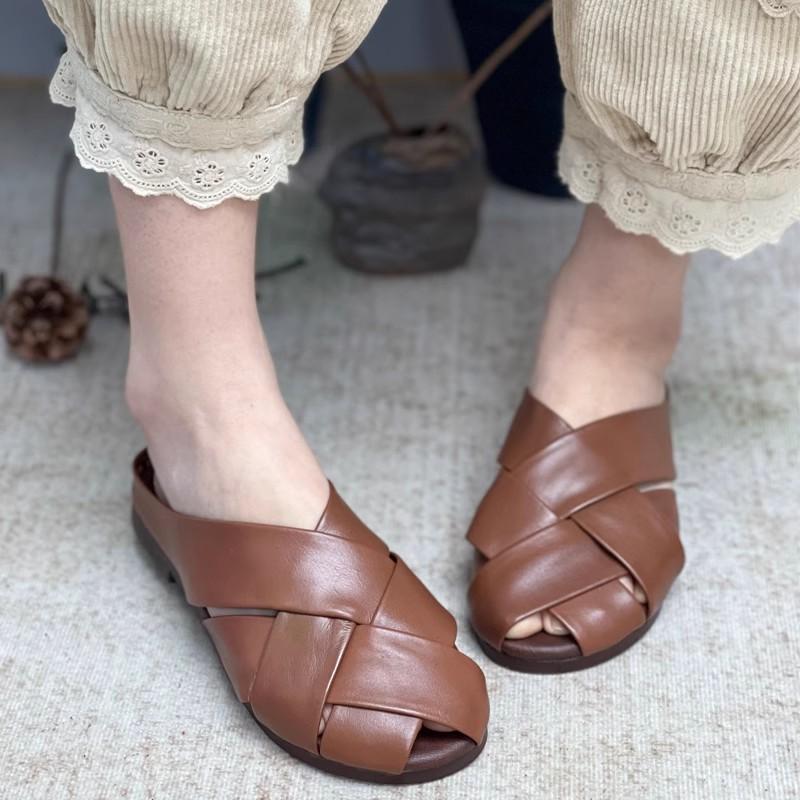 Fashion GKTINOO Genuine Leather Woven Round Toe Slippers 2025 Summer New Women Shoes Casual Outside Slides Comfort Flats Slippers