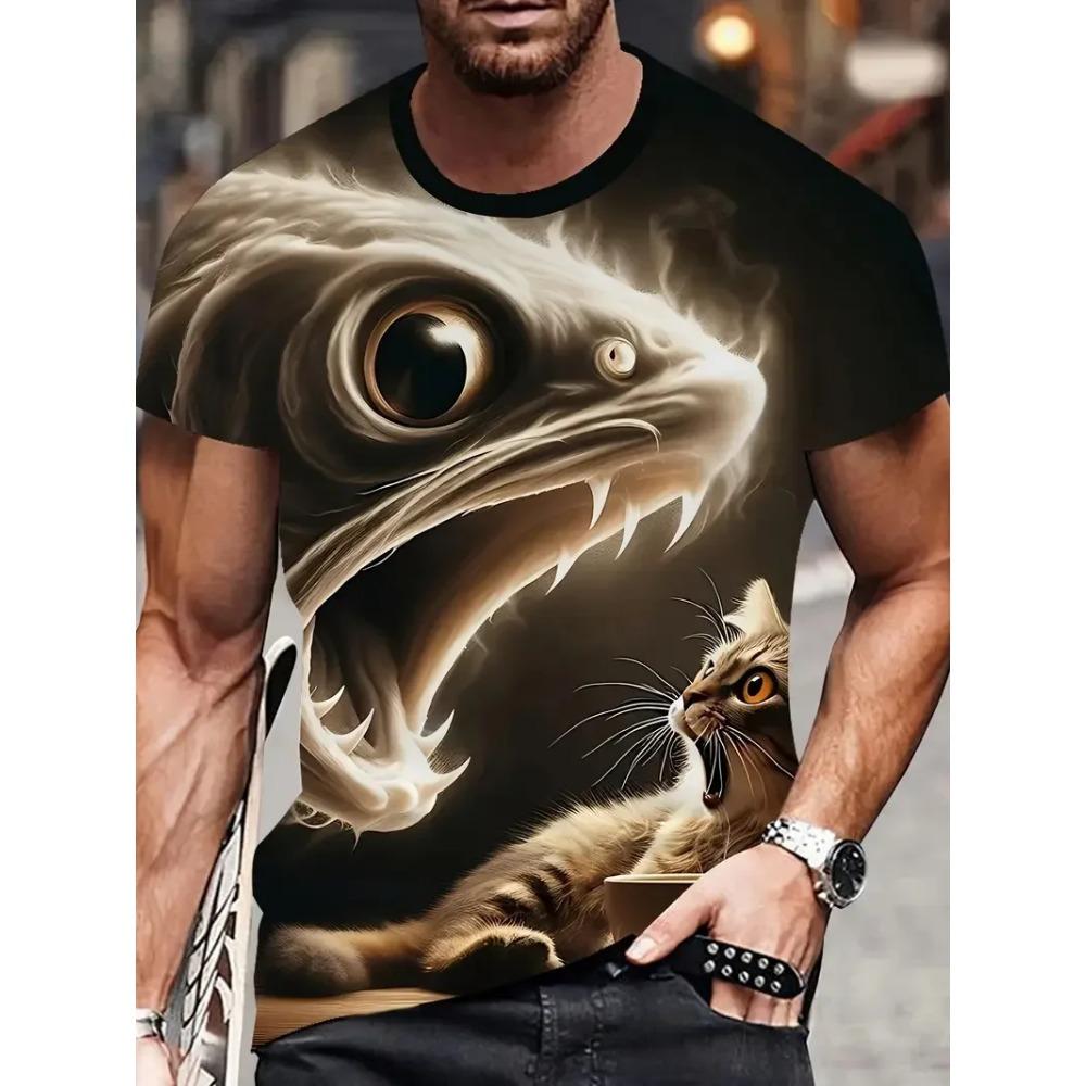 Summer Round Neck 3D Print Funny Cat Pattern Top Fashionable Casual Short Sleeved Men's T-shirts