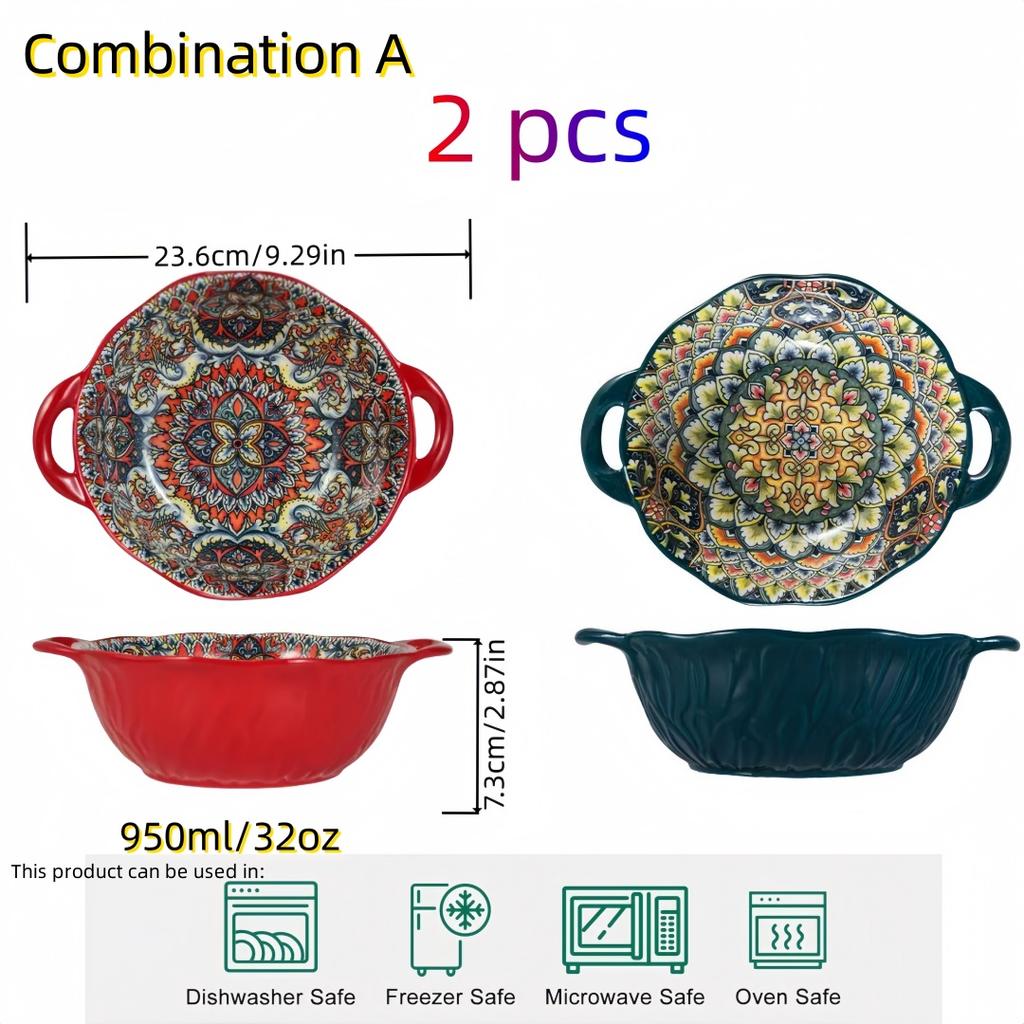 Keramische Suppenschüssel im Bohème-Stil mit Griff Mikrowellengeeignet Geprägtes Design Ideal zum Servieren von Suppen Salaten Ramen-Nudeln