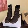 Leather side zipper platform Martin boots autumn and winter new retro thick heel western cowboy boots brown women's short boots
