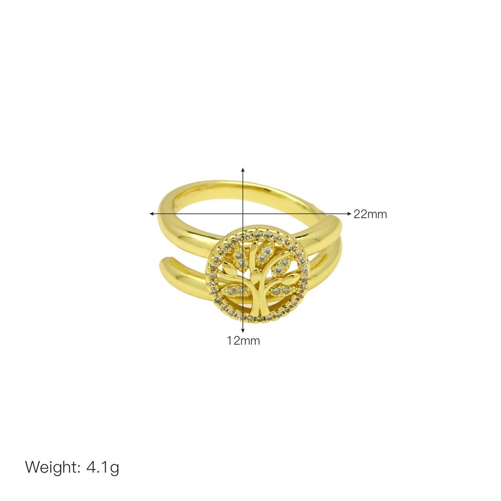 Copper Plated Zirconium Lucky Tree Cross Open Ring Women'S Light Luxury Design Hand Jewelry