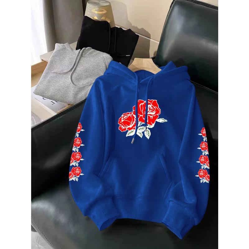 Rose Printed Hooded Men Women Hoodies Plus Size Fashion Sweatshirt Harajuku Long Sleeve Unisex Streetwear Tops