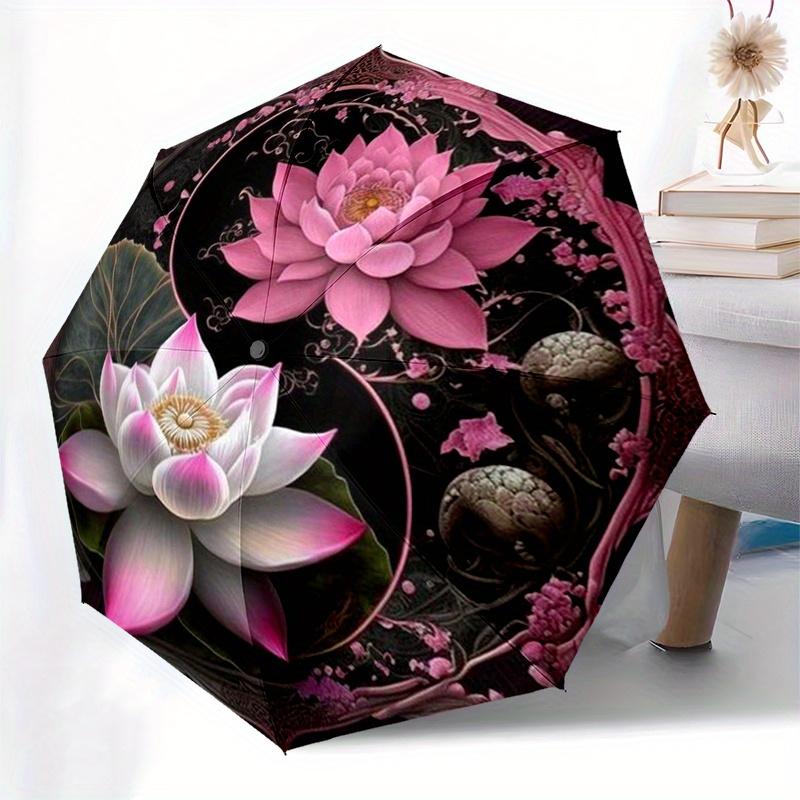 Lotus Flower Yin Yang Symbol Art Print Poster Wall Decor Umbrella, Portable 3 Fold Compact Umbrella for Men & Women,S97