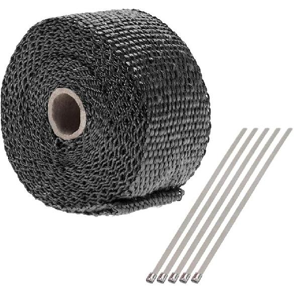 2  X 16 футов Термолента для выпускного коллектора из стекловолокна, Термолента и Комплект с хомутами из нержавеющей стали, Черный