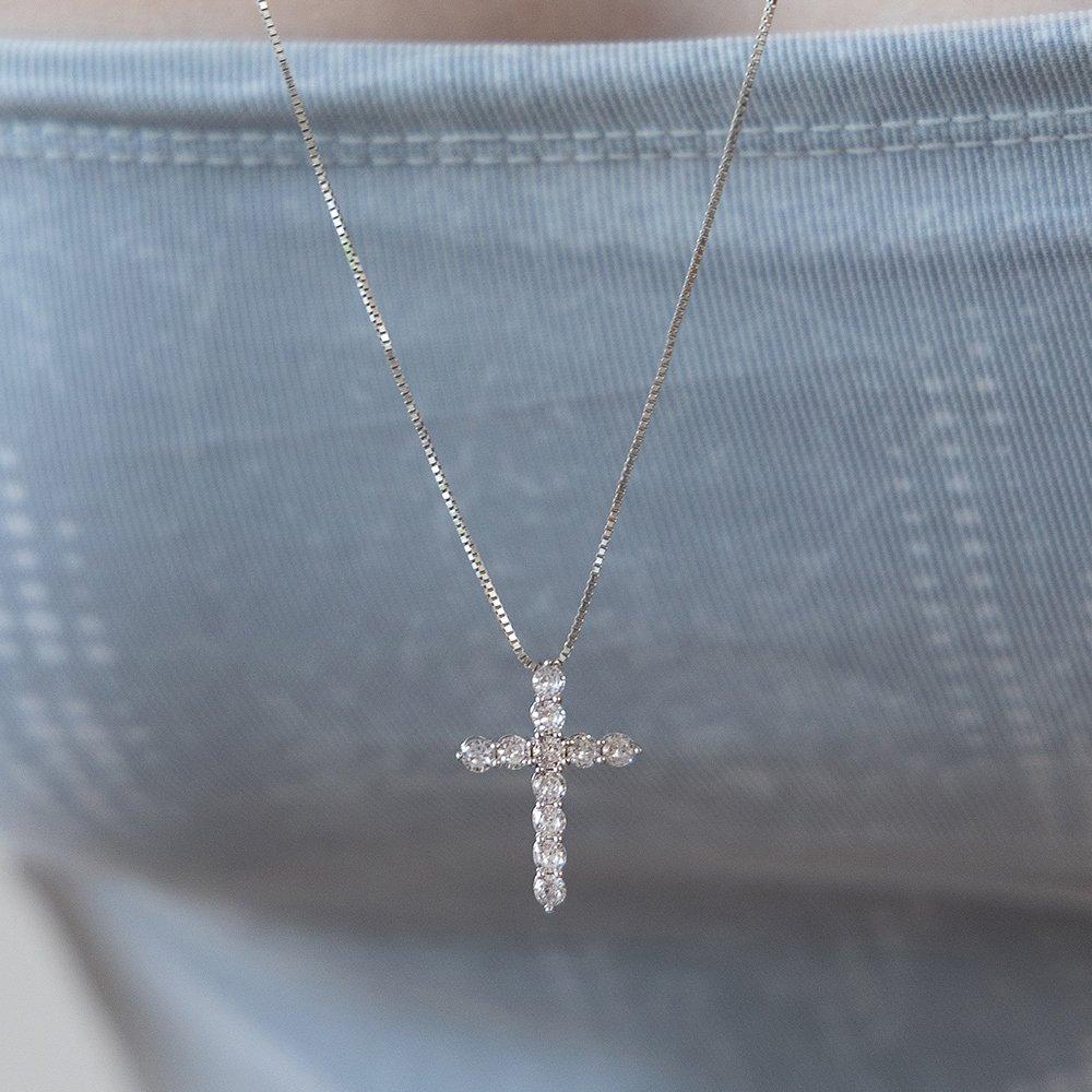(92.5 Silver) Cubic Cross Pendant Long Necklace Nz2484