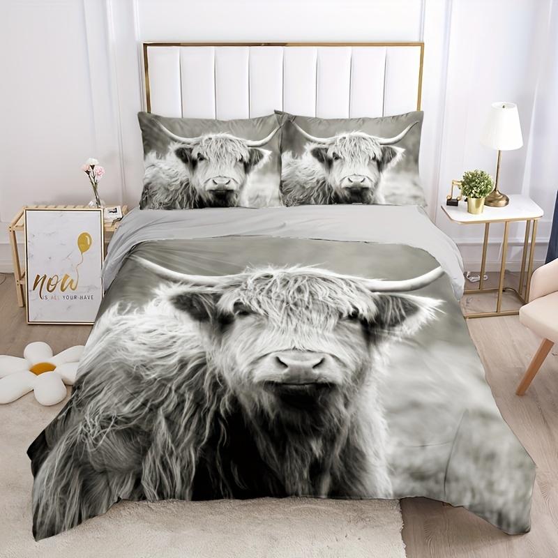 2/3PCS Fashion Field Style Highland Cow HD Digital Printing Home Duvet Cover King Size Bedding Set With Pillowcase For Bedroom