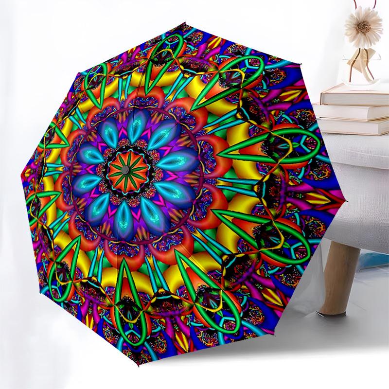 

1pc Colorful Mandala Pattern Automatic Opening Folding Umbrella with 8-Rib Iron Frame - Portable Outdoor for Fans, Travelers, Daily Use, Festive Gift.