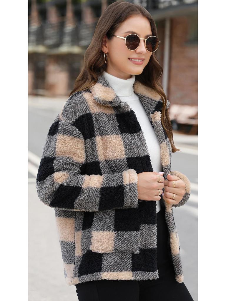 Karierter Plüschmantel mit langen Ärmeln und aufgesetzten Taschen - Europäische & Amerikanische Wintermode
