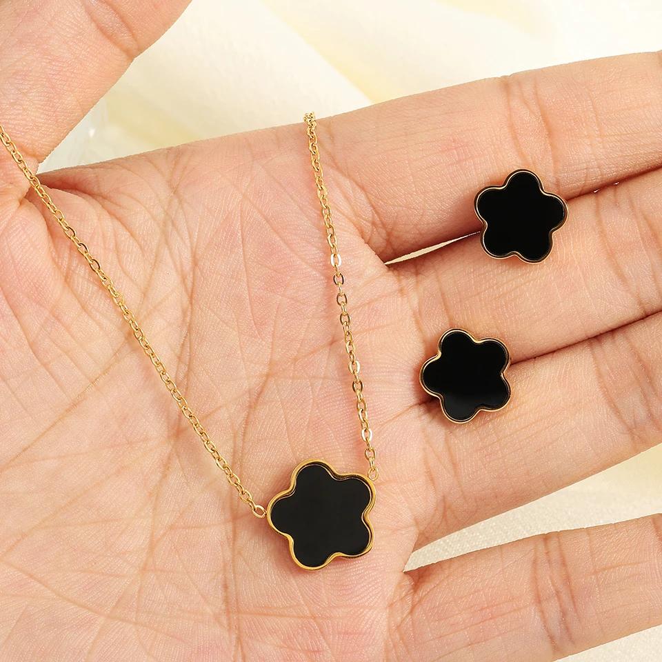 Women Shell Flower Necklace Stud Earring Set Women Black White Color Pendant Earring 2 Pcs Zircon Set Fashion Style Daily Wear