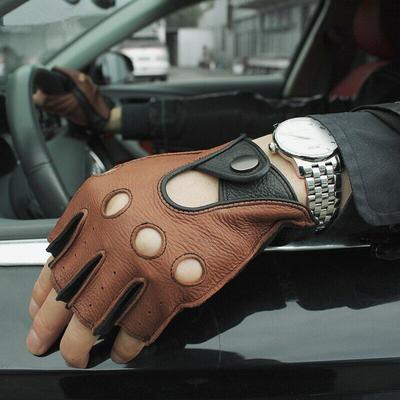 GOURS Real Leather Gloves Men 100% Genuine Deerskin Fingerless Gloves Half-finger Fitness Driving Unlined Gloves GSM046L
