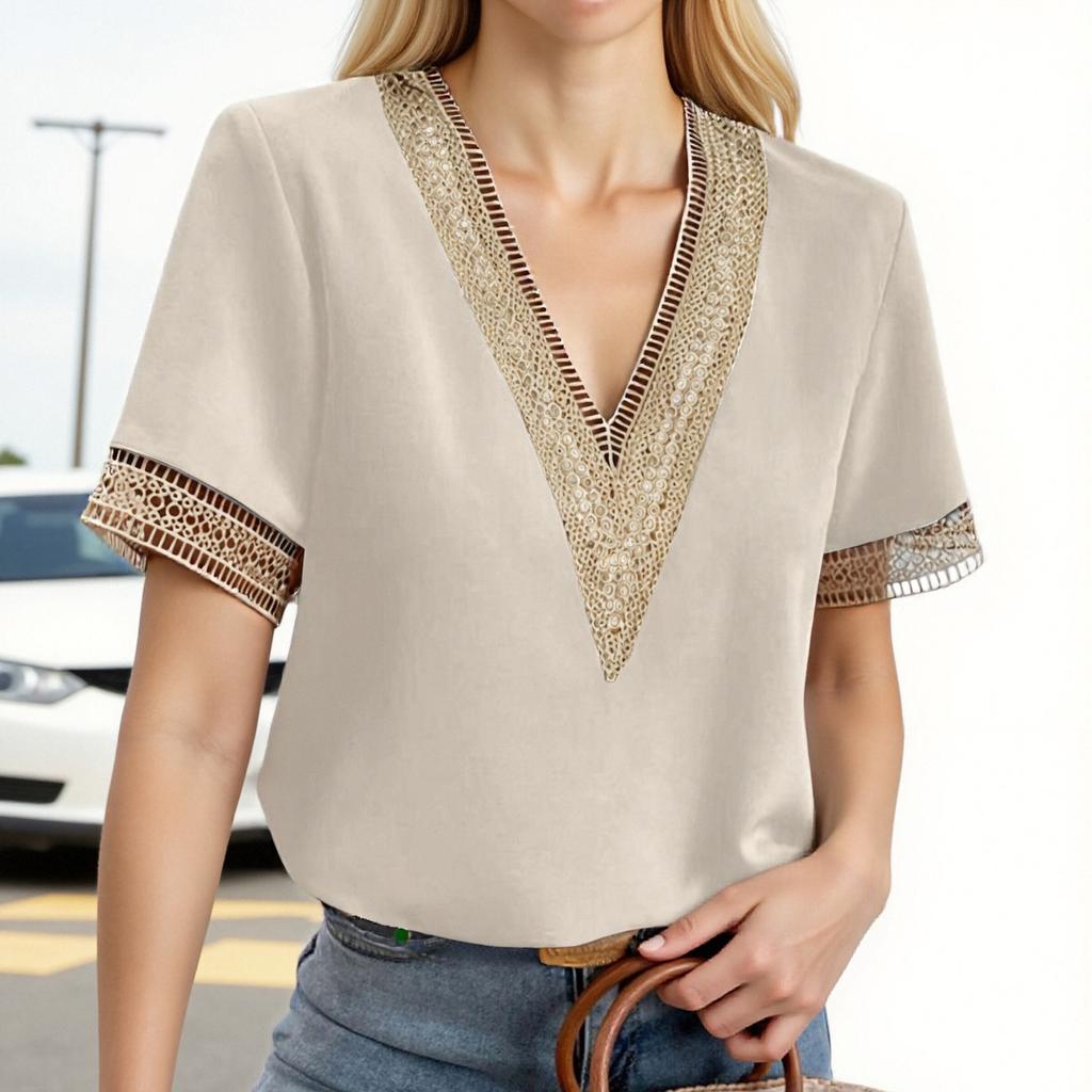 Women's Fashion Casual V-neck Lace Loose Temperament Short Sleeve Top