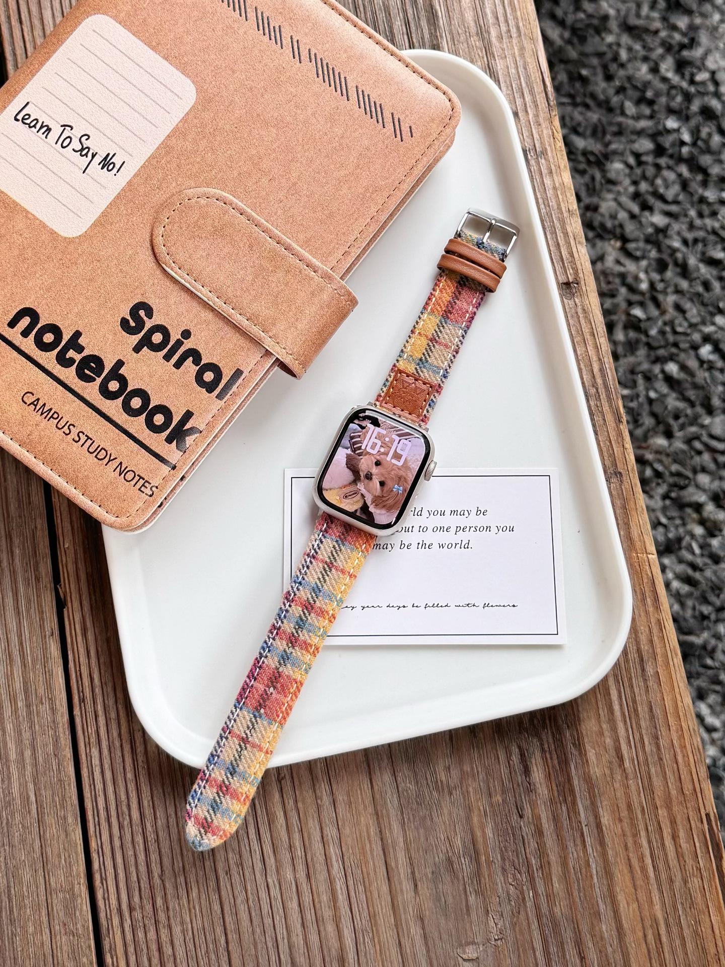 

Apple Watch S11 Rainbow Plaid Spliced Leather Band for iWatch 1098765 Generation SE For Apple 42/44/45/(s10/s11 46)/49 mm Universal