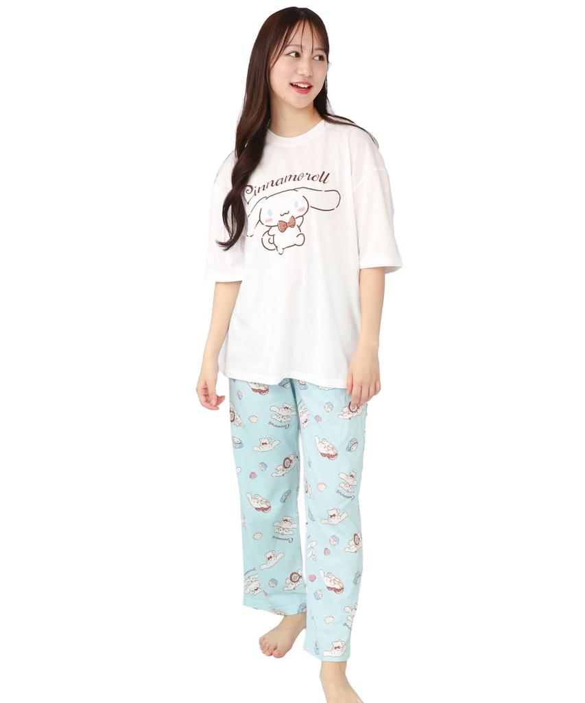 SAZAC Cinnamoroll Pajama Set for Cotton Short Long and Top x Women, Jersey, Sleeves, Pants, T-Shirt, (White Mint/L/SAN1806)