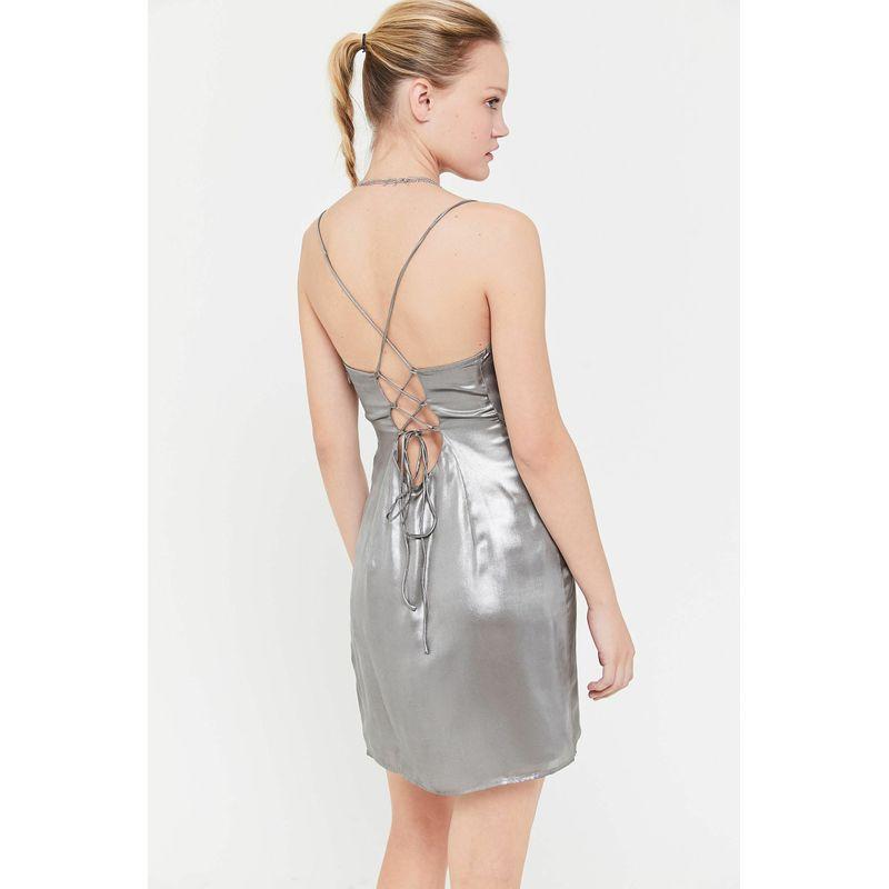 

UO Rock Style Metal Satin Texture Fully Lined Open Back Swing Collar Sling Dress Silver Gray(Qi Biao products are not refuntable) M