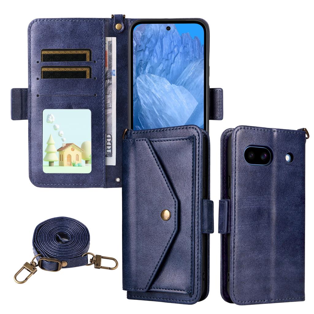 For Google Pixel 8a Leather Case Magnetic Closure Wallet Stand Phone Cover with Crossbody Strap