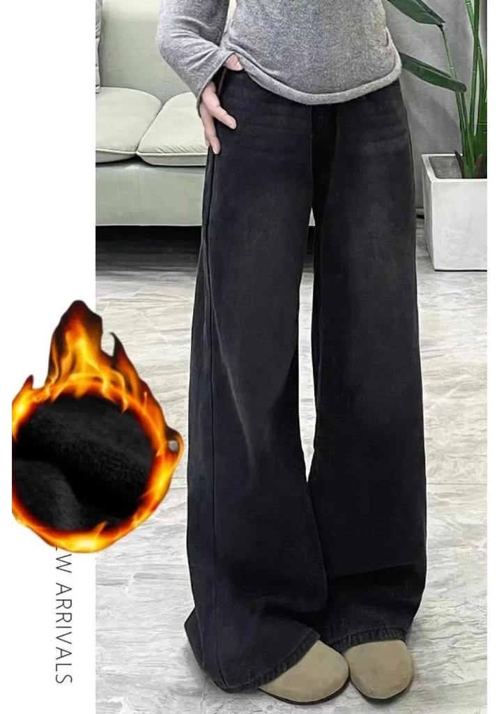 Womens Jeans Y2k Jeans Flared Trousers Black Gray Straight Leg Winter Warm Fleece Lined Loose Fit High Waist Wide Leg Fashion