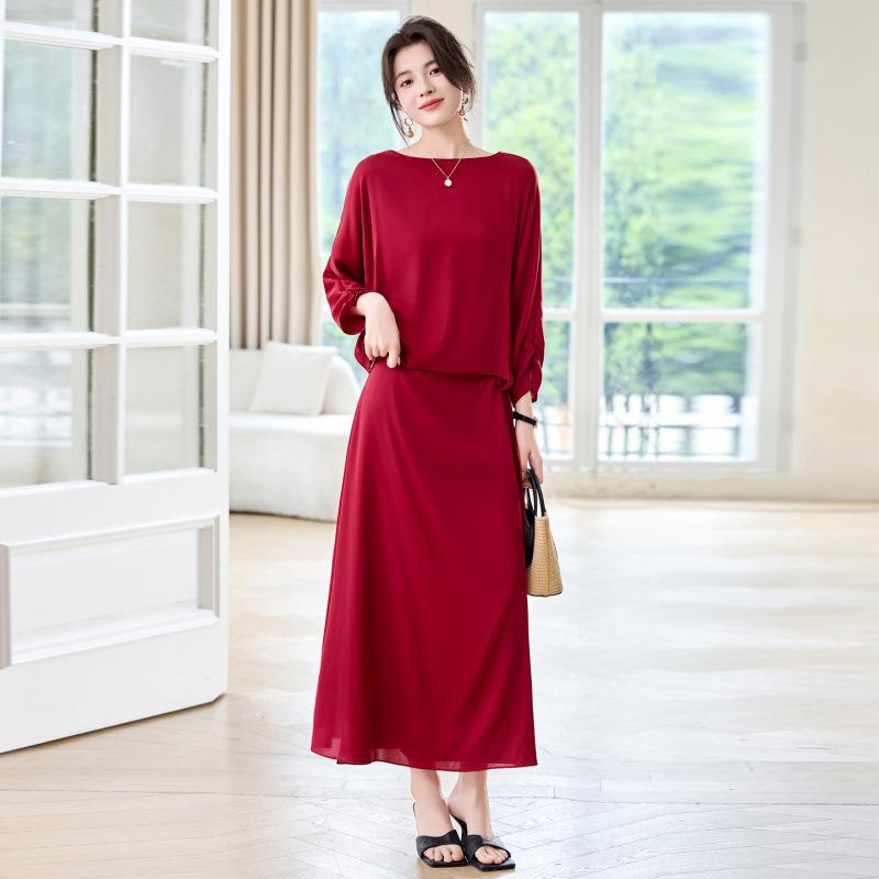 

One-word collar fake two-piece silk dress elastic double Joe silk dress red long mulberry silk skirt M бордовий
