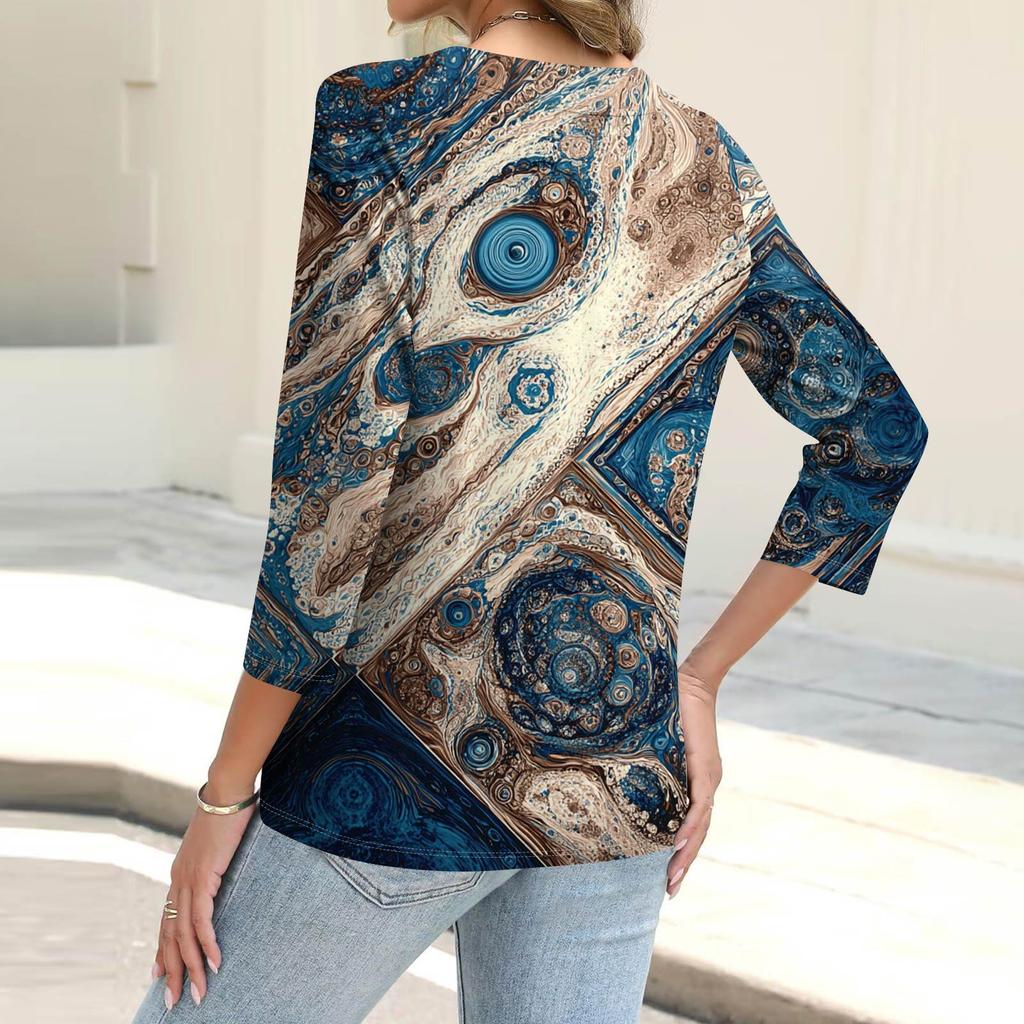 Women's Fashion Casual Printing Button-down Shirt 3/4 Long Sleeve Tops