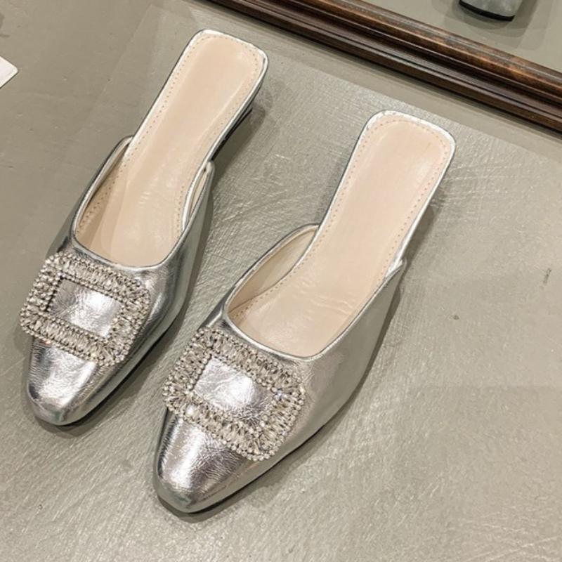 Fashion Women's Fashion Round Head Shallow Mouth Sequin Metal Square Buckle Soft Soled Anti-slip Wear-resistant Sandals