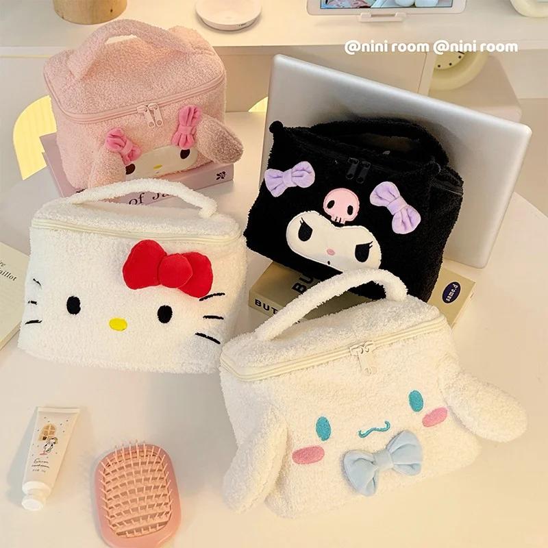 Kawaii Sanrio Large Capacity 3d Plush Makeup Pouch My Melody Kuromi Hello Kitty Cinnamoroll Portable Storage Bag Gift