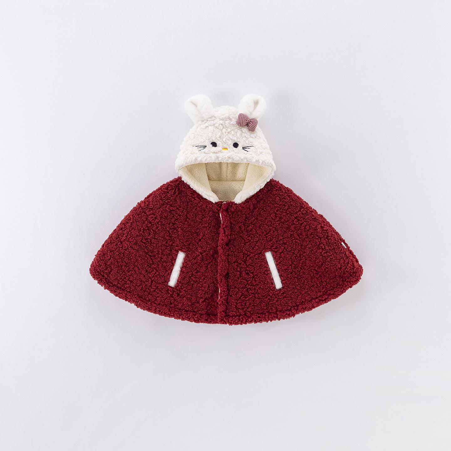 

Super Cute Baby Girl Red Hooded Fleece-Lined Winter Cape 80 cm