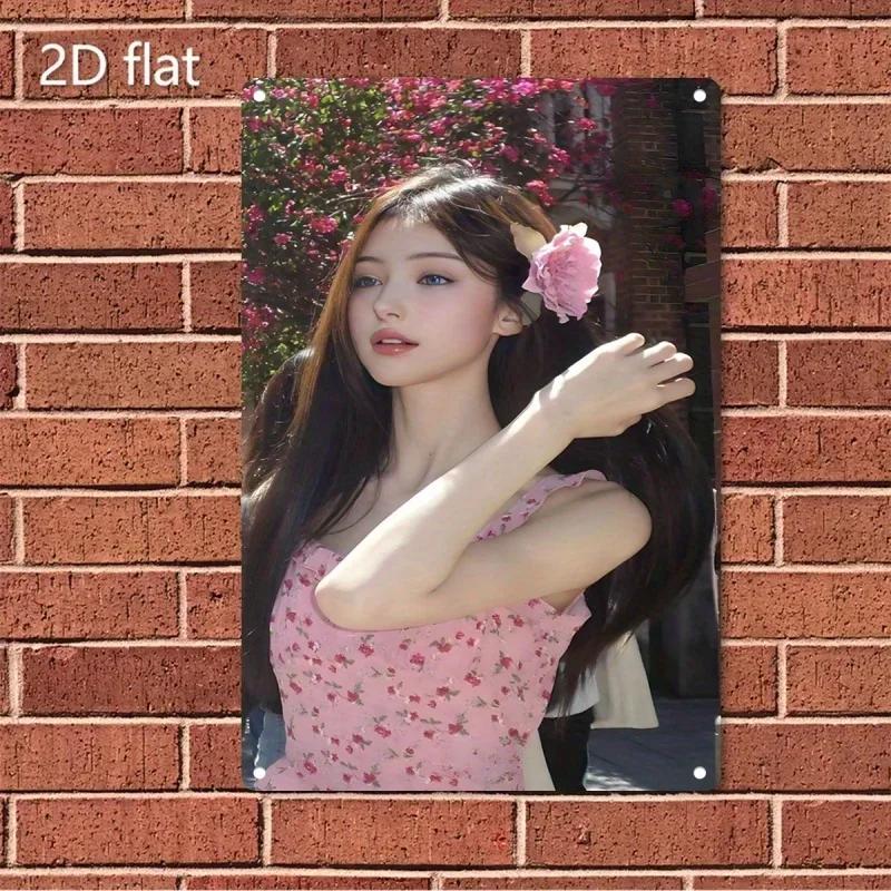 

KIMET Metal Wall Art Pink Green Floral Woman Iron Decor Sign for Cafe Bedroom 20x30cm（7.8x11.8inch）