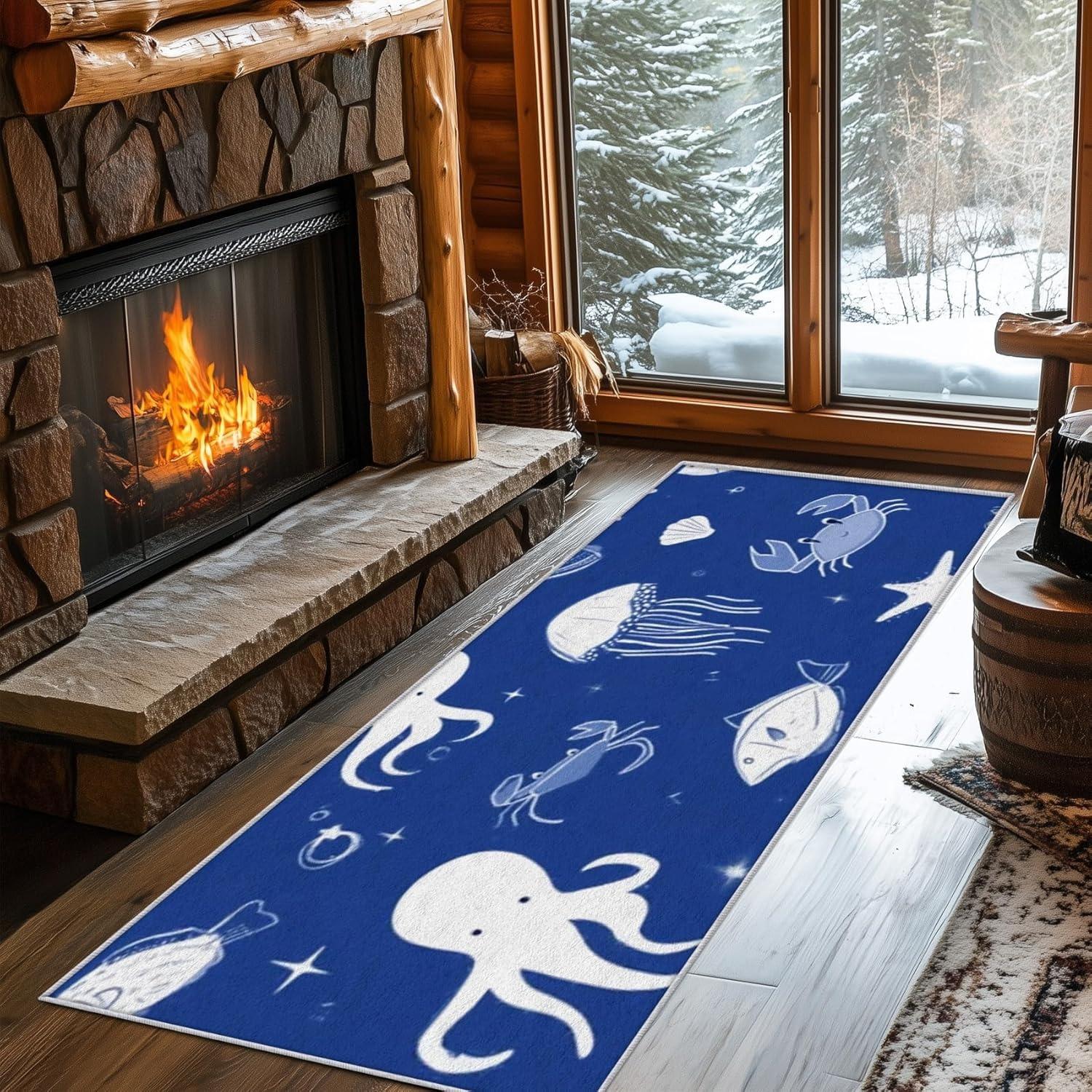 

Seahorse Print Runner Rug Cartoon Starfish Seahorse Octopus Pattern Carpet Ocean Theme Hallway Anti-Slip Floormat for Doorway 40X120CM