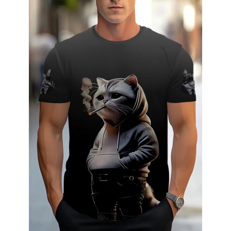 Mens 3D Printed Fun Blue Cat Graphic Tee - Casual Round Neck Short Sleeve T-Shirt Adults Teens