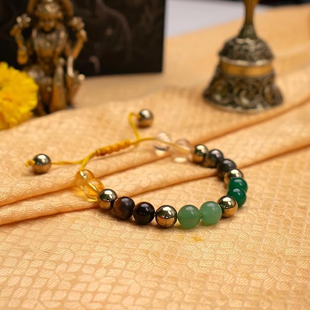 AANGAN AURA Verstellbares Dhan Yog Armband für Reichtum, Erfolg & Wohlstand | 5 Heilkristalle – Citrin, Sphatik, Tigerauge, Aventurin, Jade |