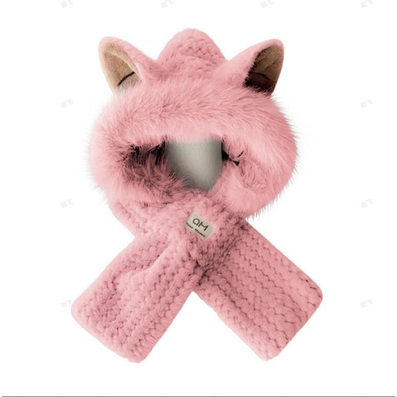 Plush hat scarf integrated women's new winter cute woven scarf gloves three-piece set thickened warm